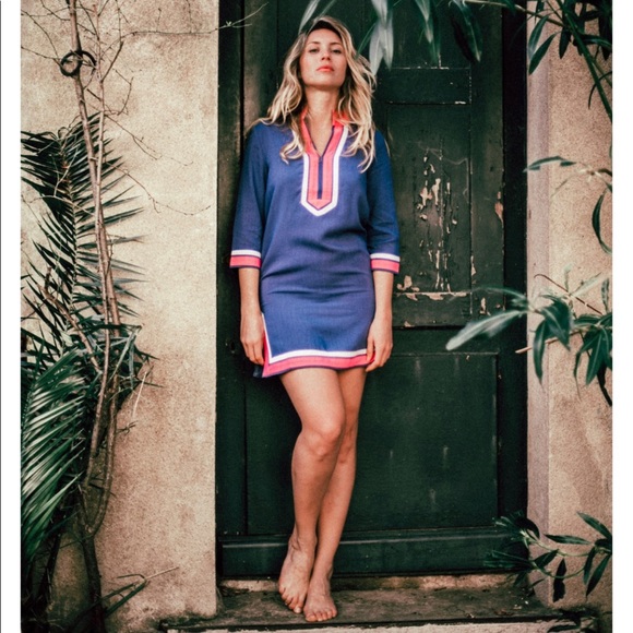 Les Canebiers Blue/Pink Linen Tunic, M/L - Picture 1 of 6